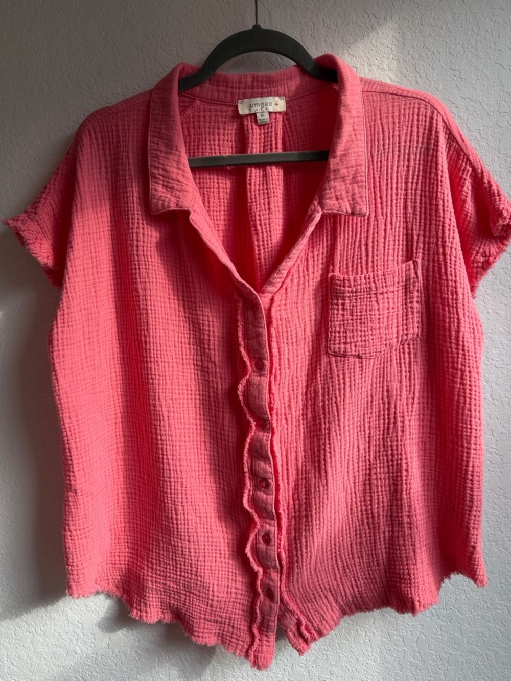 Umgee Coral Pink Textured Cotton Gauze Button-Front Shirt